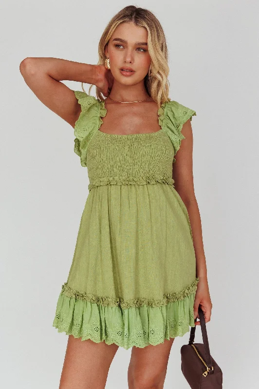 Bay Breeze Frill Shoulder Shirred Bodice Dress Olive