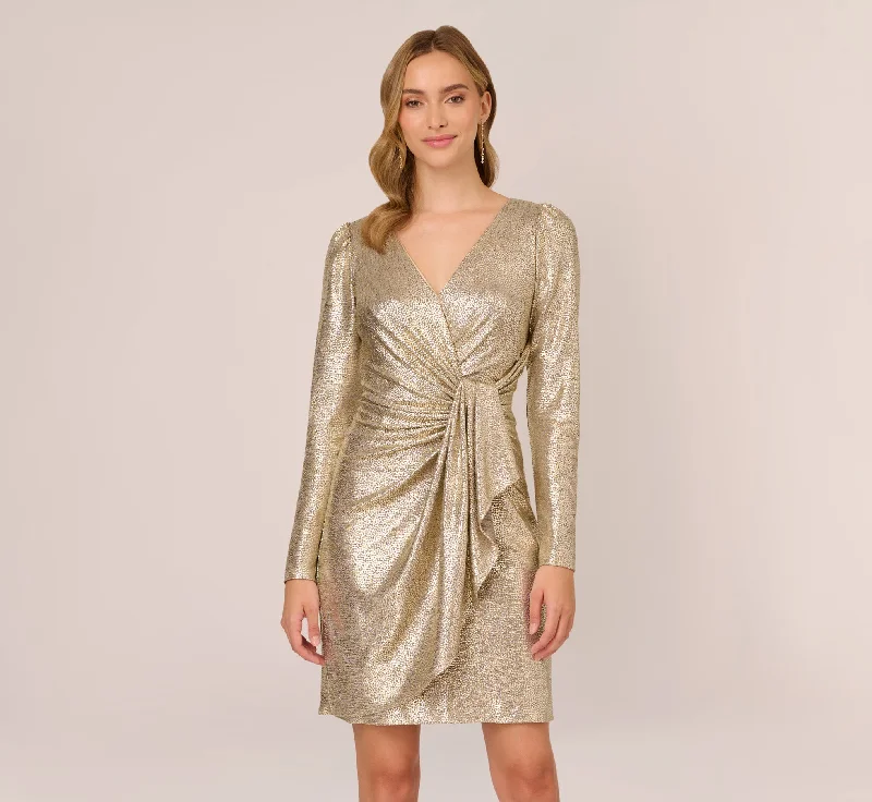 Foil Knit Faux Wrap Dress With Long Sleeves In Light Gold