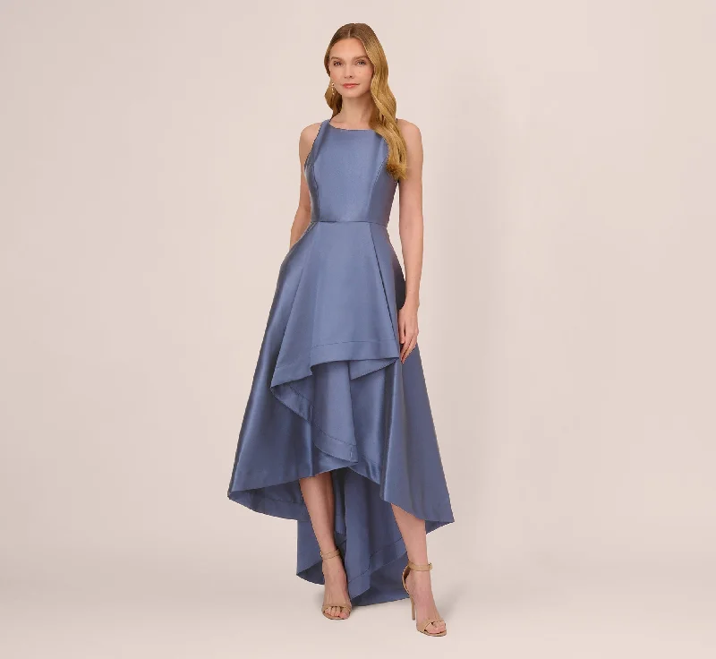 High Low Mikado Gown With Asymmetrical Detail In Blue Frost