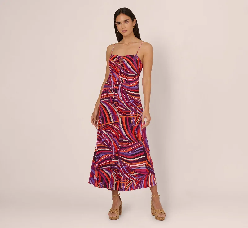 Retro Print Jersey Maxi Dress Tie Front Keyhole Neckline In Purple Multi