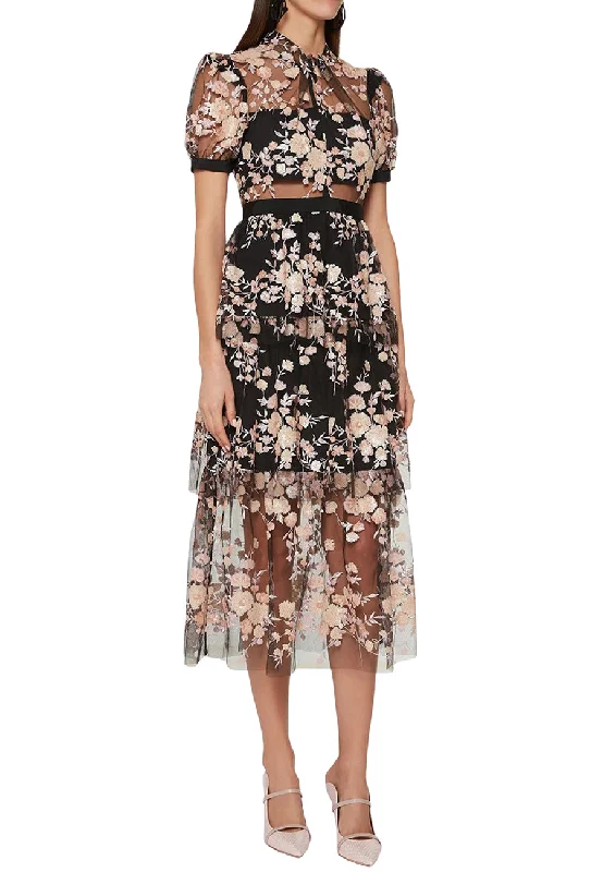 Black with Pink Chinoiserie Embroidered Floral Midi Dress