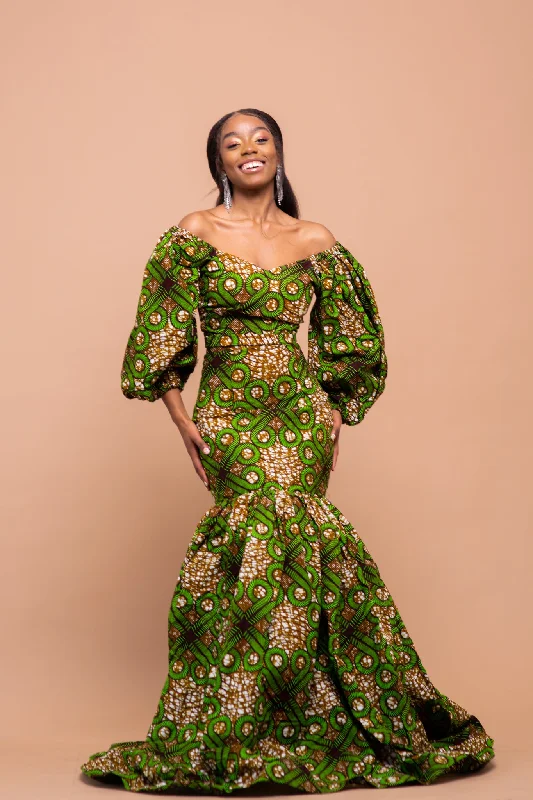 Hauwa Ankara Maxi Dress | Green and Brown African Print