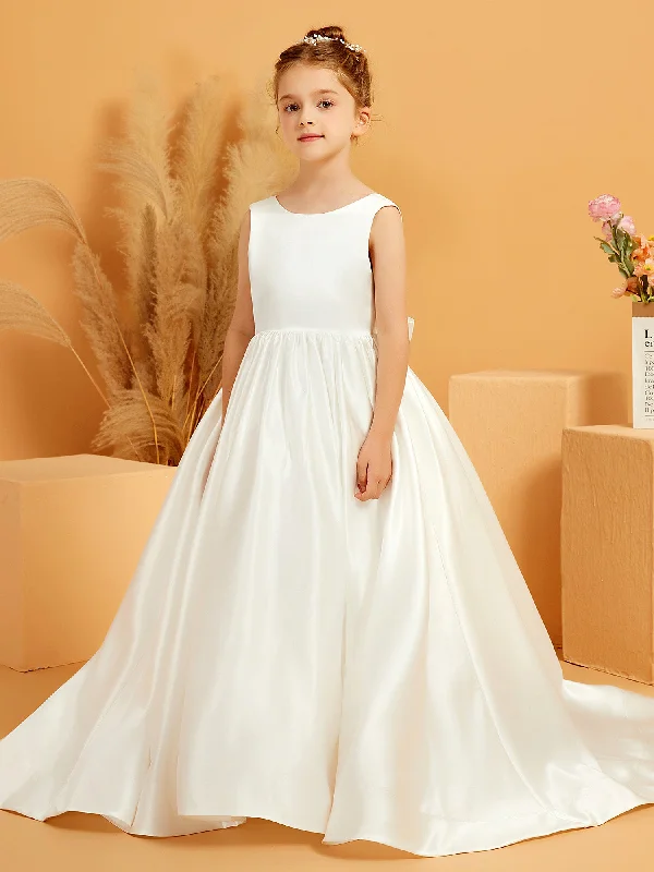 Bow Satin Sweep Train Flower Girl Dress Ivory