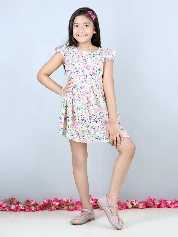 Cutiekins Floral Printed Frilled Sleeves Dress-Multicolour