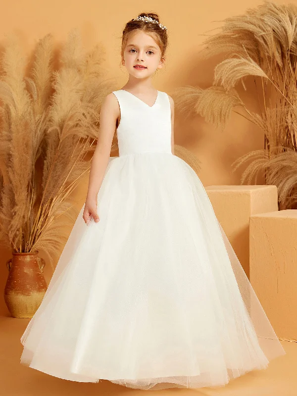 V-neck Satin Top Long Flower Girl Dress with Bow